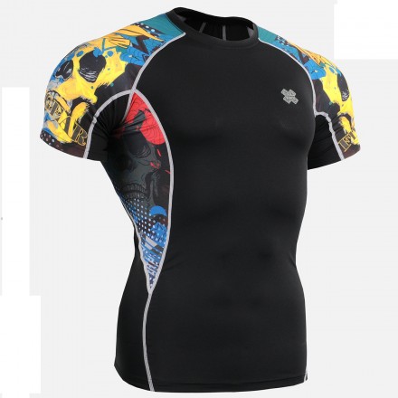 "Primary Skulls" - FIXGEAR Short Sleeve Second Skin Technical Compression Shirt .