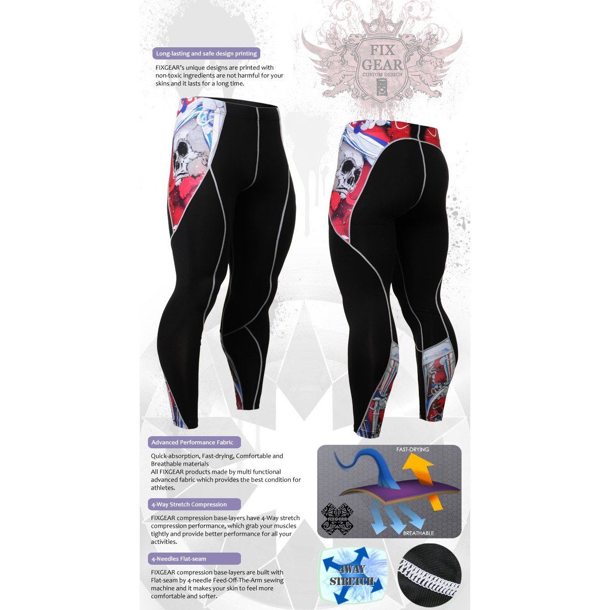 "The Skeleton" Red FIXGEAR Second Skin Technical Compression Tights